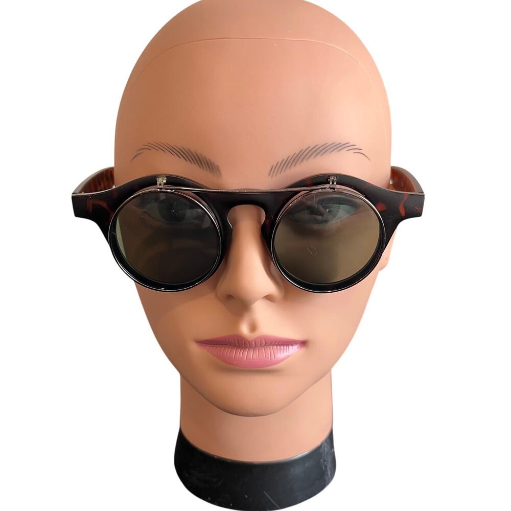 Round Flip Up Y2K Sunglasses Tortoiseshell Retro Steampunk Festival UV400 Shades - Picture 2 of 11